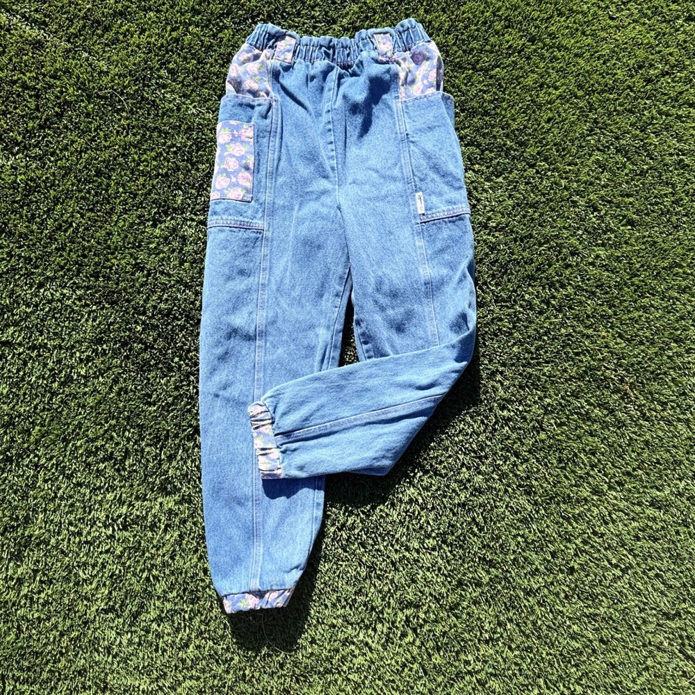 Vintage‎ Gitano Girls Floral Trim Denim Jogger Pants Blue Size 10 High Rise 90s